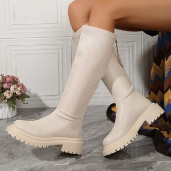Women's Warm & Casual Round Toe Knee-high Thick-soled Wedge Heel Pu Leather Boots With Back Zipper And Front Lace-up, Beige