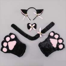 5入組貓咪cosplay服裝,包含貓耳朵和尾巴以及項圈、貓爪手套,適用於派對裝扮 - 黑色 - 查看 2