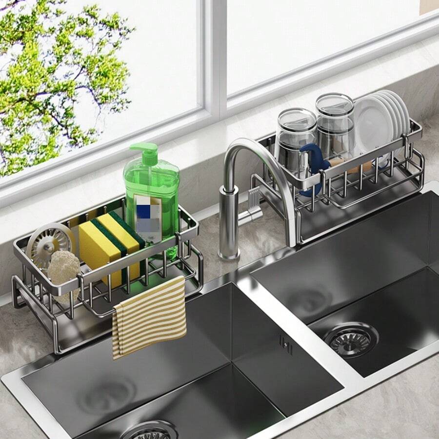 Kitchen Sink Drainer Rack Organizer, Multi-functional Draining Basket With Hanging Rod For Sink - Grey - View 1