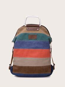 KVKY Vintage Stitching Canvas Backpack, Rainbow Colorblock Travel Handbag, Multi Purpose Shoulder Bag - Multicolor - View 3