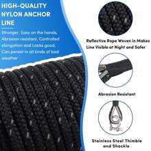 Cuerda De Anclaje Premium De 100 Pies X 3/8 Pulgadas, Línea De Anclaje De Nailon Trenzado Doble, Cuerda Para Barco, Cuerda Marina, Cuerda De Anclaje Para Barco Con Dedal, Grillete Y Tira Reflectante, Cuerda De Anclaje Trenzada - Negro - Ver 3