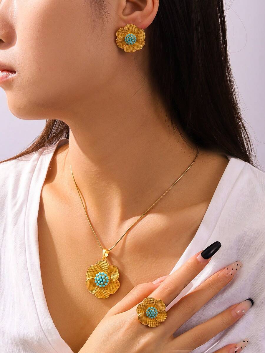 1套復古紫色石頭裝飾花形耳環、戒指、項鍊珠寶套裝,適合女性日常佩戴