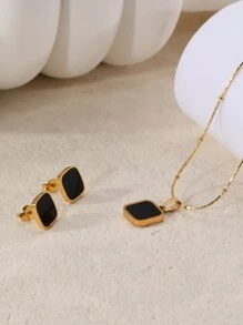 1set Minimalist Geometric Square Pendant Stainless Steel 18k Gold Plated Earring & Necklace Set - Multicolor - View 3