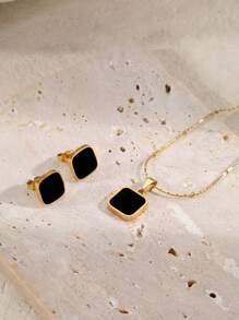 1set Minimalist Geometric Square Pendant Stainless Steel 18k Gold Plated Earring & Necklace Set - Multicolor - View 2