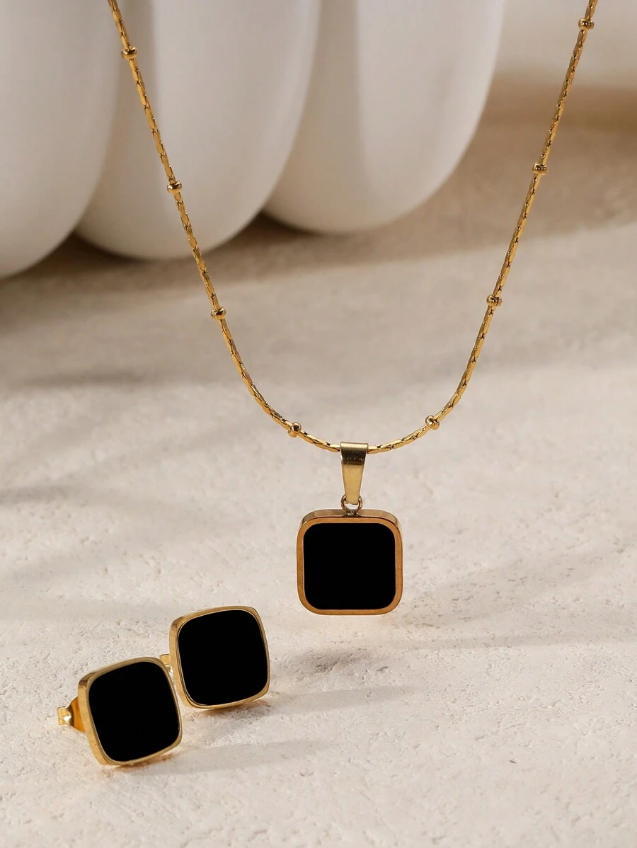 1set Minimalist Geometric Square Pendant Stainless Steel 18k Gold Plated Earring & Necklace Set - Multicolor - View 1