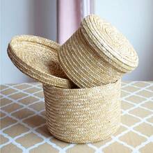 1pc Woven Round Basket For Home Storage Organizing - Gift Idea For Mother And Teacher With Packaging Box - Yellow - View 8