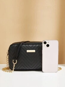 Bolsa De Mujer De Color Sólido Con Cadena Cruzada - Negro - Ver 5