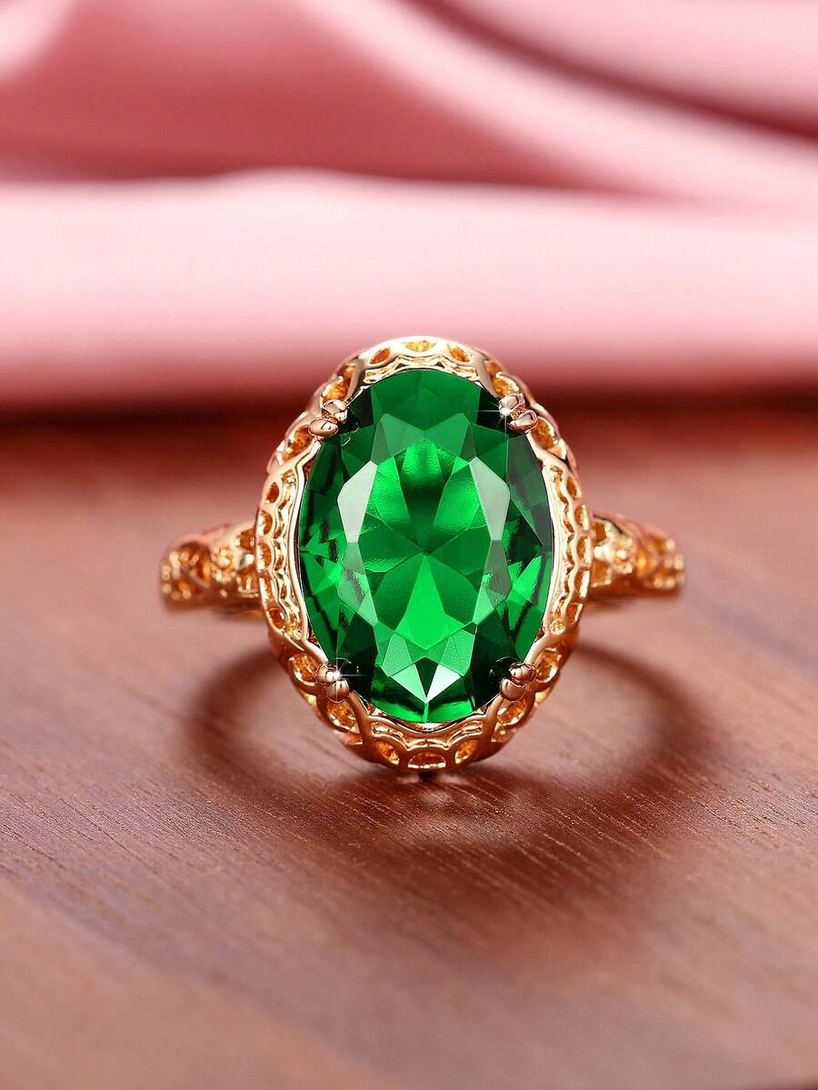 1 cái Tuyệt đẹp Màu xanh lá Khối Zirconia Nhẫn Đối với phụ nữ Cho Ngày Lễ Tình Nhân Qủa tặng Kỷ niệm ngày cưới Buổi tiệc Đồ trang sức - Vàng - Xem 1