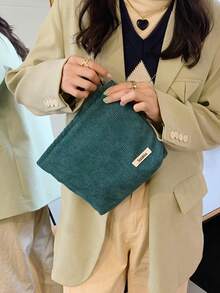 1pc Corduroy Clutch Bag, Simple Striped Storage Bag For Travel, Solid Color Cosmetic Purse - Olive Green - View 2