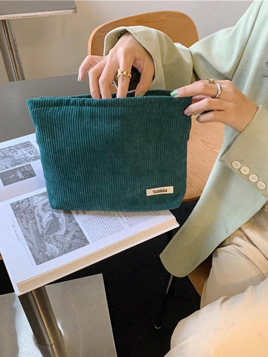 1pc Corduroy Clutch Bag, Simple Striped Storage Bag For Travel, Solid Color Cosmetic Purse - Olive Green - View 1