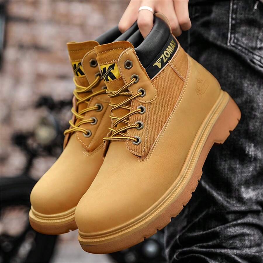 男士工作安全鞋,高筒機車靴,不易斷裂的鋼頭靴,勞動保護安全鞋,建築工地大黃靴 - 黃色 - 查看 1