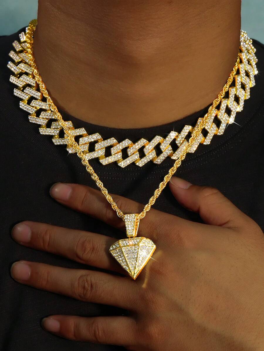 2入組新的多層設計嘻哈項鍊,金銀組合男女時尚魅力珠寶項鍊 - 金色 - 查看 1