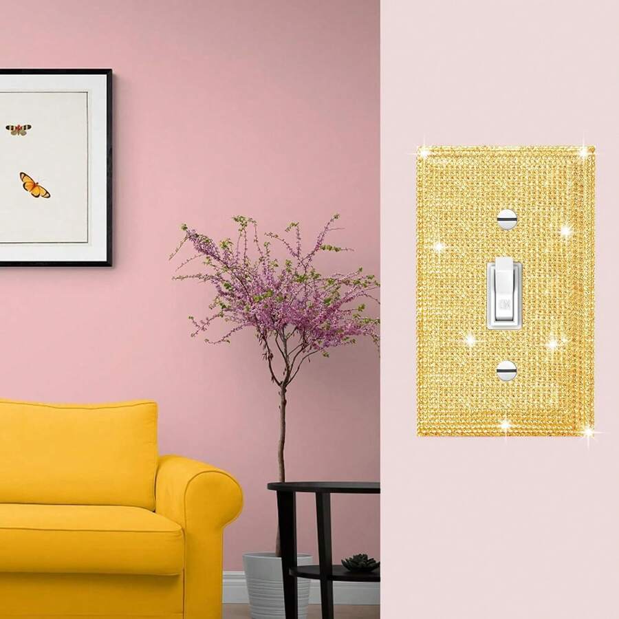 1 Pc Shiny Golden Rhinestone Wall Plate Cover 1 Gang Decorative Light Switch Cover Rhinestones