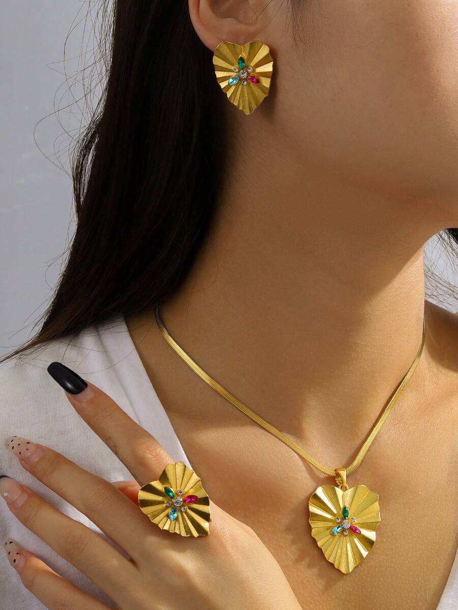 1 套/套裝精緻復古銅合金水鑽扇形耳環、戒指、項鍊首飾套裝適合女士日常佩戴