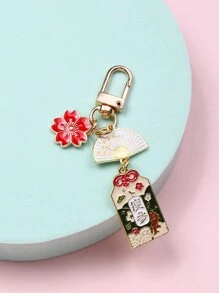 Colgante para bolso con diseño de flor y abanico plegable, accesorio adorable estilo japonés para llavero, colgante de llavero, amuleto de Feng Shui con flor japonesa para la salud, educación, seguridad y riqueza, accesorios de coche, llavero de mujer, insignia de esmalte, regalos de agradecimiento para maestros