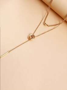 1入女士金色合金幾何雙圓鎖骨鏈長項鍊吊墜,街頭風格配飾 - 金色 - 查看 2