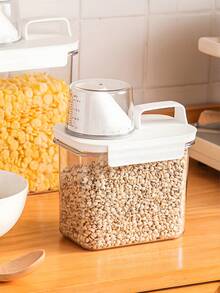 1pc 1100ml Grain & Rice Canister, Moisture-proof Food Storage Sealed Container With Measuring Cup - White - View 1