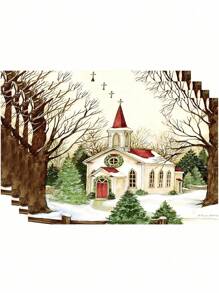 Christmas Polyester Placemat, Featuring Christmas Tree And Santa Claus Pattern For Heat Insulation And Decoration On Dining Or Kitchen Table In Western Style, Christmas Themed Home Decor - Red - View 4