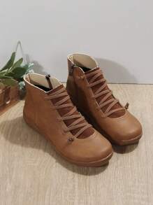 秋冬新款大碼男女鞋夫婦款交叉彈性帶休閒鞋美麗復古風格外貿熱踩短靴 - 卡其色 - 查看 5