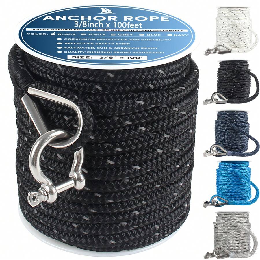 Cuerda De Anclaje Premium De 100 Pies X 3/8 Pulgadas, Línea De Anclaje De Nailon Trenzado Doble, Cuerda Para Barco, Cuerda Marina, Cuerda De Anclaje Para Barco Con Dedal, Grillete Y Tira Reflectante, Cuerda De Anclaje Trenzada - Negro - Ver 1