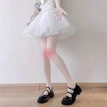 1pair Of White Knee-high Socks With Pink Cheeks Design, Japanese-style Cute Lolita Solid-colored Thin Stockings For Layering - White - View 6