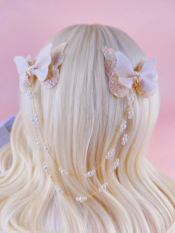 1pc Girl Elegant Butterfly Pearl Chain Hair Clip