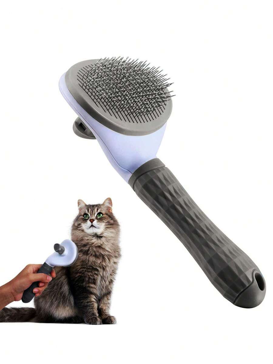 貓狗刷寵物毛髮去除器刷,帶自我清潔按鈕,適用於長毛和短毛動物的梳理用品,脫毛工具 (灰色)