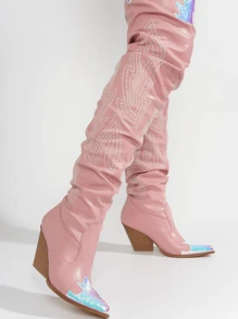 Icona Women's Embroidery Thigh-High Cowboy Boots - 粉色 - 查看 3