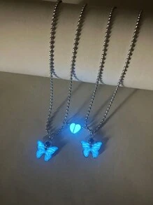 ATLVXJL 2 pièces/set Collier pendentif en acier inoxydable en forme de papillon et de cœur lumineux pour couple, cadeau de la Saint-Valentin - Multicolore - Voir 3