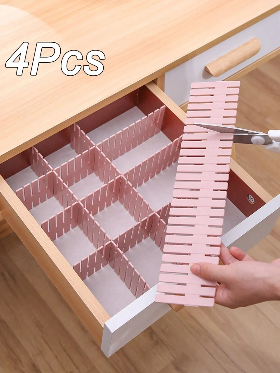 4pcs Pink Drawer Storage Space Divider, Drawer Organizer Dividers Partition Separators For Free Combination - Pink - View 1