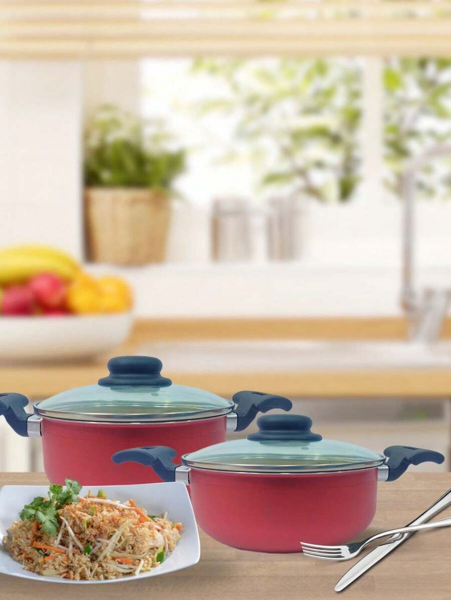 Conjunto de Caçarolas 2 Peças Antiaderentes 16cm e 18cm com Tampas de Vidro – Alumínio - Vermelho - Visão 1