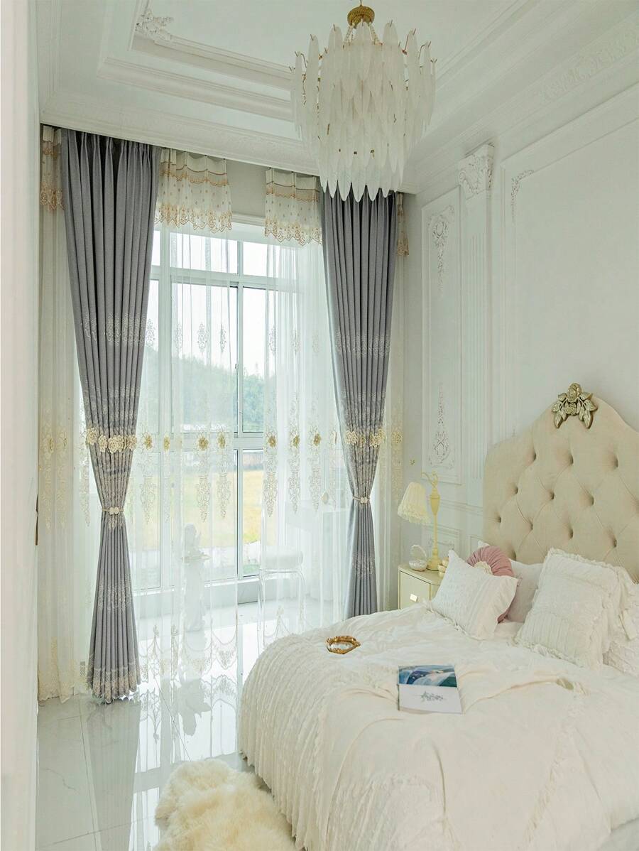 Lujosa cortina de ventana bordada con estampado floral 3D para la privacidad del hogar, adecuada para sala de estar, dormitorio y otras decoraciones del hogar - Gris - Ver 1