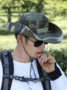 男式[漁夫帽]，夏季透氣漁夫帽，寬邊遮陽帽，戶外防曬可摺疊盆帽 - 軍綠色 - 查看 2