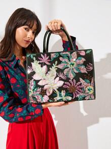 Women's High-end Shiny Green Tote Bag With Random Pattern, Large Capacity, Handbag With Long Shoulder Strap, Suitable For College Students, Ladies, Banquets - Olive Green - View 2