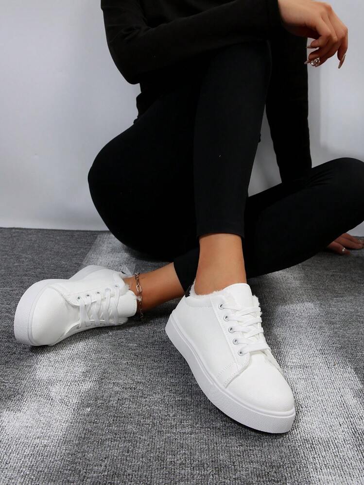 Most Popular Ladies' Comfortable Winter Shoes With Fleece, Flat Heel, Soft Sole, White - White - View 1