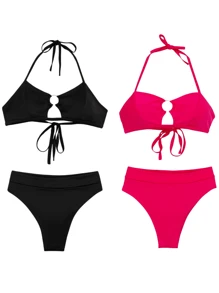 Women Bikini Sets - 黑色和粉紅色 - 查看 1