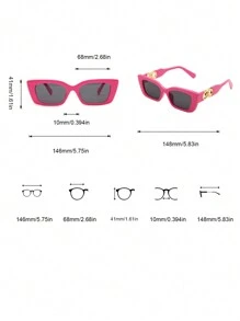 1pair Small Rectangular Plastic Frame Fashion Glasses With Metallic Double Ring Decoration For Beach Party, Vacation And Fashionable Look - Hot Pink - View 4