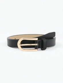 1pc Ladies' Fashionable & Minimalist Black Belt With Gold Buckle - Black - View 2