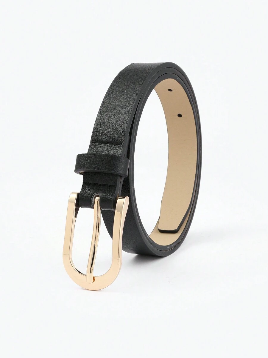 1pc Ladies' Fashionable & Minimalist Black Belt With Gold Buckle - Black - View 1
