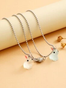 2 Unidades / Conjunto Casais Adoram Brilhar No Escuro Coelho Animal Formato De Coração Magnético Coelhinho Fofo Corrente De Aço Inoxidável Colar Com Pingente Presente De Dia Dos Namorados