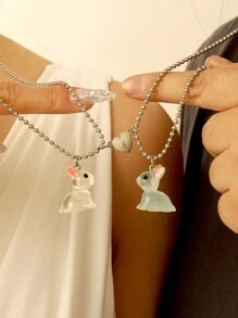 2 Unidades / Conjunto Casais Adoram Brilhar No Escuro Coelho Animal Formato De Coração Magnético Coelhinho Fofo Corrente De Aço Inoxidável Colar Com Pingente Presente De Dia Dos Namorados