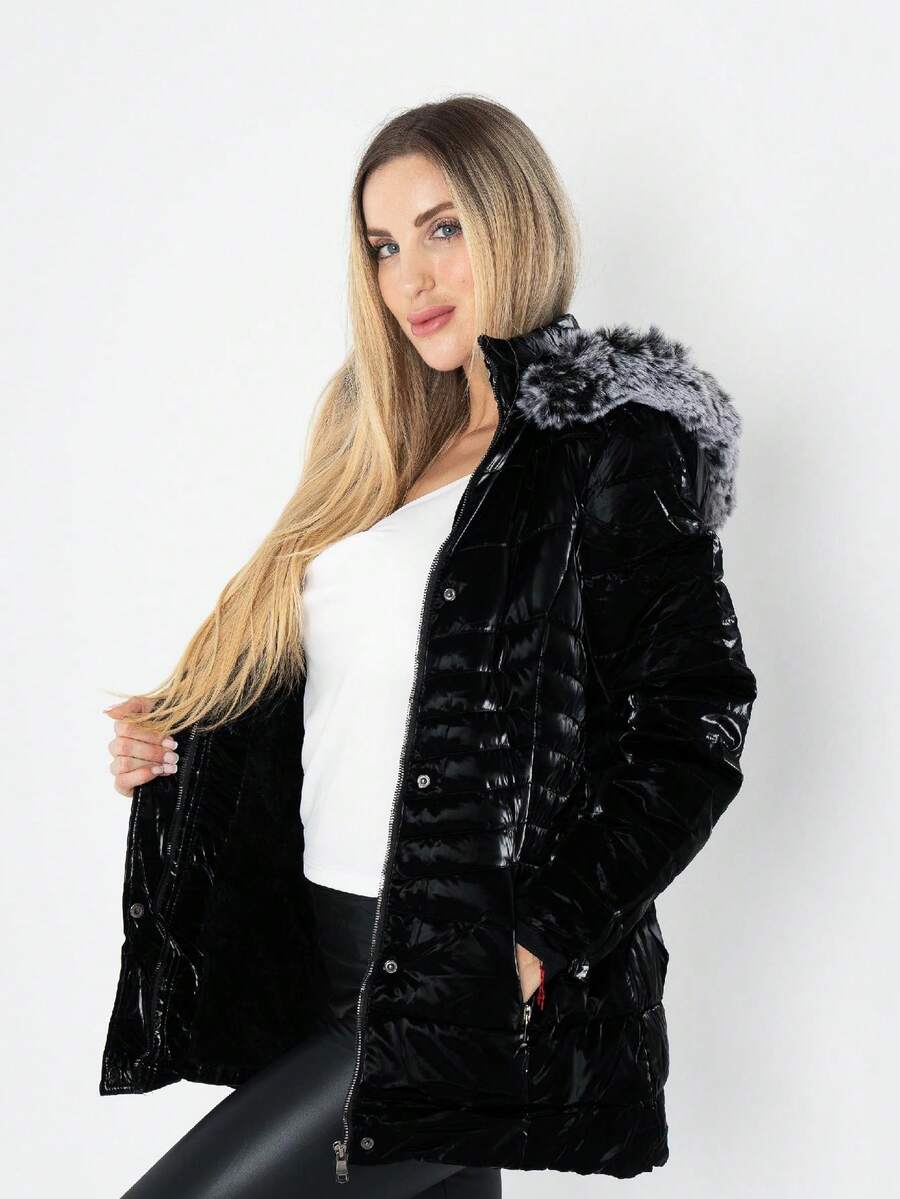 ELEGANT LADIES HOODED QUILTED JACKET - Black - View 1