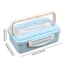 1pc Lunch Box With Spoon And Chopsticks, Portable Student Bento Box, Microwaveable Sealed Food Storage Container For Travel And Work - Blue - View 3