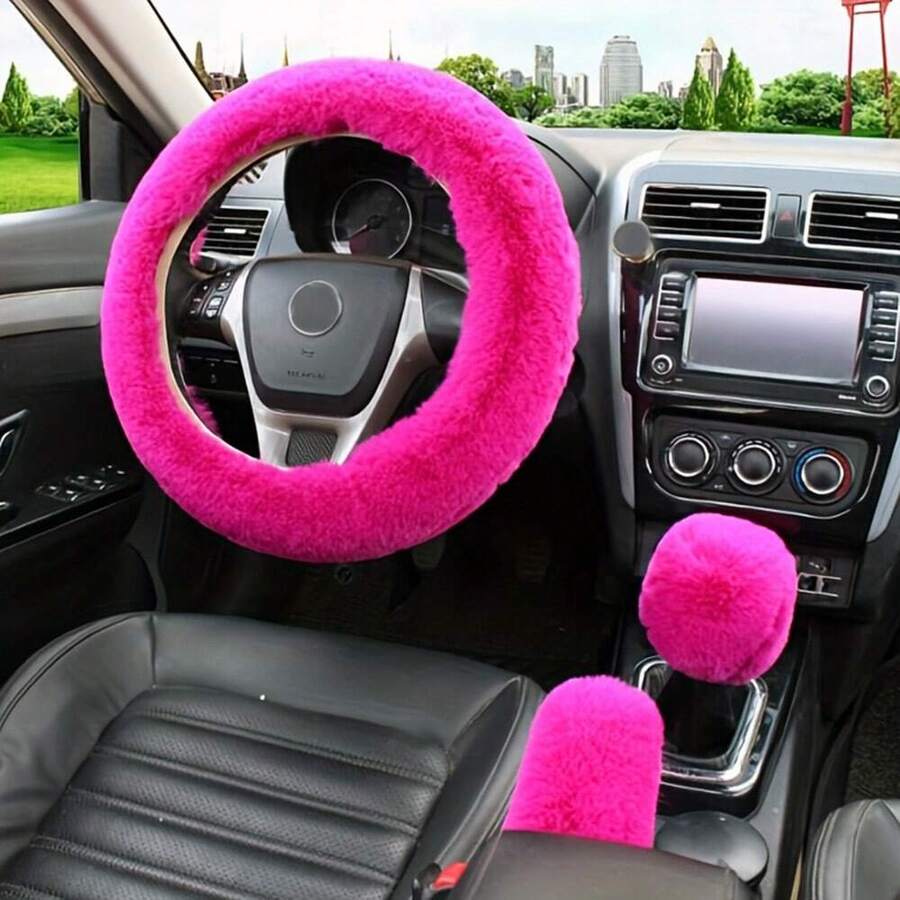3pcs Universal Plush Steering Wheel Cover, Handbrake Cover And Gear Shift Cover Set, No Inner Ring