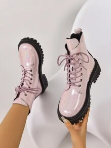 New Arrival Stylish Solid Color Ankle Boots With Star Decoration, Glittering Shoelaces And Thick Platform For Women In Autumn And Winter - Pink - View 1