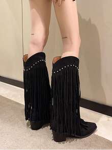 女士2023新款尖頭舒適流蘇西部短靴,厚跟時尚及膝靴 - 黑色 - 查看 3