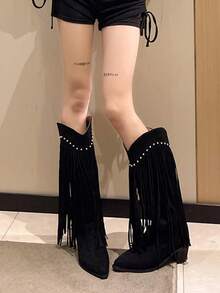 女士2023新款尖頭舒適流蘇西部短靴,厚跟時尚及膝靴 - 黑色 - 查看 2