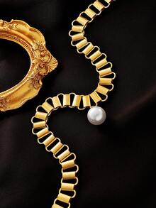 1件流行歐美風格金屬扣和珍珠吊墜裝飾誇張頸鍊,適合度假派對、禮物和日常佩戴