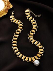 1件流行歐美風格金屬扣和珍珠吊墜裝飾誇張頸鍊,適合度假派對、禮物和日常佩戴