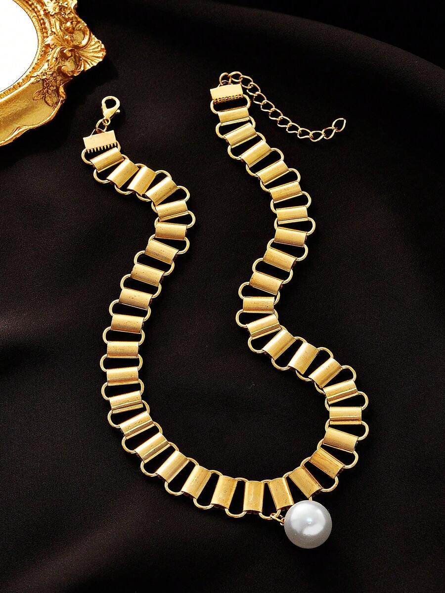 1件流行歐美風格金屬扣和珍珠吊墜裝飾誇張頸鍊,適合度假派對、禮物和日常佩戴